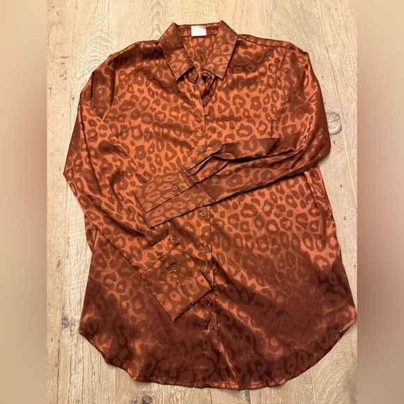 Silk & Salt Satin Burnt Brown Leopard Print Wide Leg Set M top S bottom - Picture 3 of 10